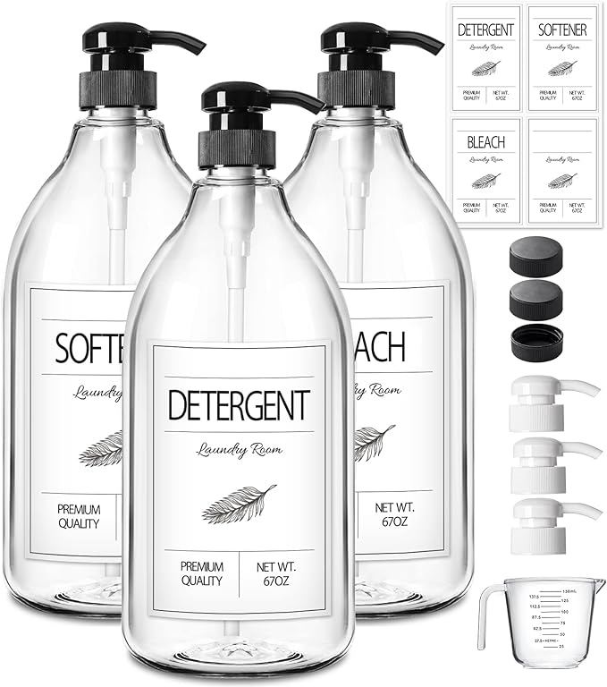 GMISUN Laundry Detergent Soap Dispenser, Liquid Laundry Detergent Dispenser, Container for Farmhouse Laundry Room Decor, Organizer for Liquid DetergentSoftenerBleach Storage Bottle(67 Oz Set of 3)