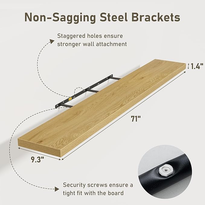 Fun Memories 72 Inch Floating Shelves for Wall 2 Pack Shelves for Bedroom|Kitchen|Bathroom 72 x 9.3 Inch Wood Floating Shelf with Invisible Brackets for Books|Storage|Decor, Oak