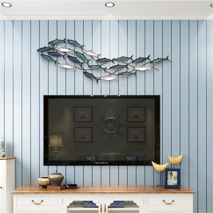Coastal Metal Fish Wall Decor, Large Nautical Fish Wall Décor,School of 20 Fish Wall Art,3D Fish Wall Sculpture,Fish Metallic Art Decor,Perfect for Living Room,Bedroom,Beach Or Boat Decor,59" X 16.5"