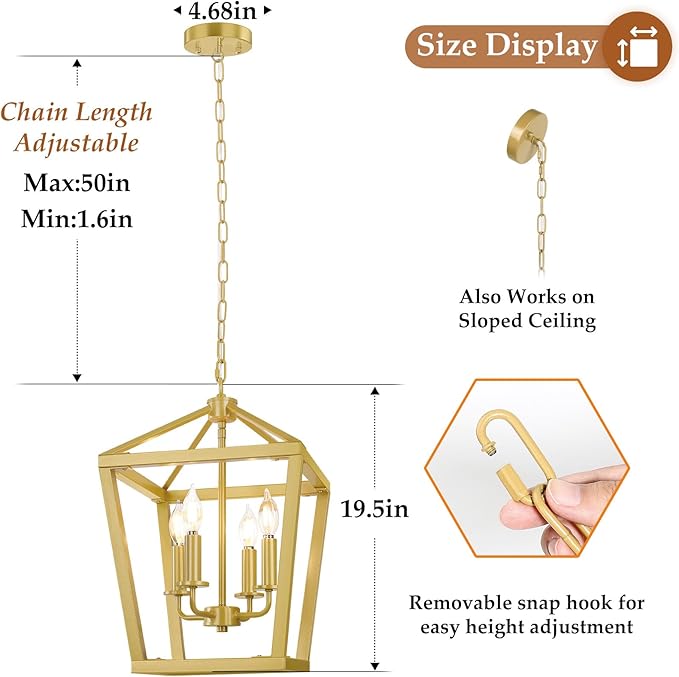 Gold Chandelier 4-Light, Farmhouse Pendant Light Fixture Adjustable Height, Modern Dining Room Light Fixture, Lantern Ceiling Hanging Lighting with Metal Cage for Kitchen Island Entryway Foyer