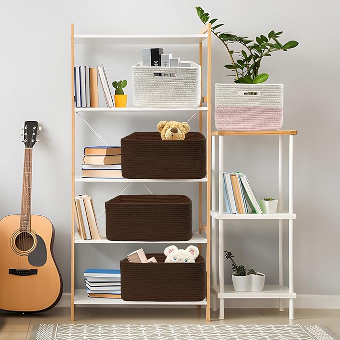 COMFY-HOMI Cotton Rope Woven Basket with Handles for Shelves,Toys,Book, Cloth Storage Baskets for Organizing-17" x 13" x 7.5" Toy Decorative Organizer for Living Room, Bathroom （dark brown）