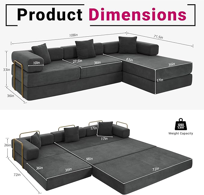 108" Oversized Convertible Sleeper Sofa Bed, Corduroy L Shape Sectional Couch, Folding Sofa Bed with Side Pocket, Modern Cloud Floor Mattress Couch, Modular Sofa for Living Room, Grey