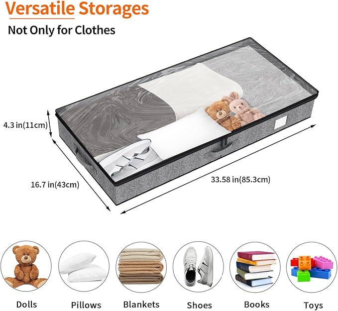 Fixwal 4 Pack Underbed Storage Containers, Below 4.5 Inches Low Profile Under Bed Organizer Clothes Storage Bins with Sturdy Sidewalls and Bottom