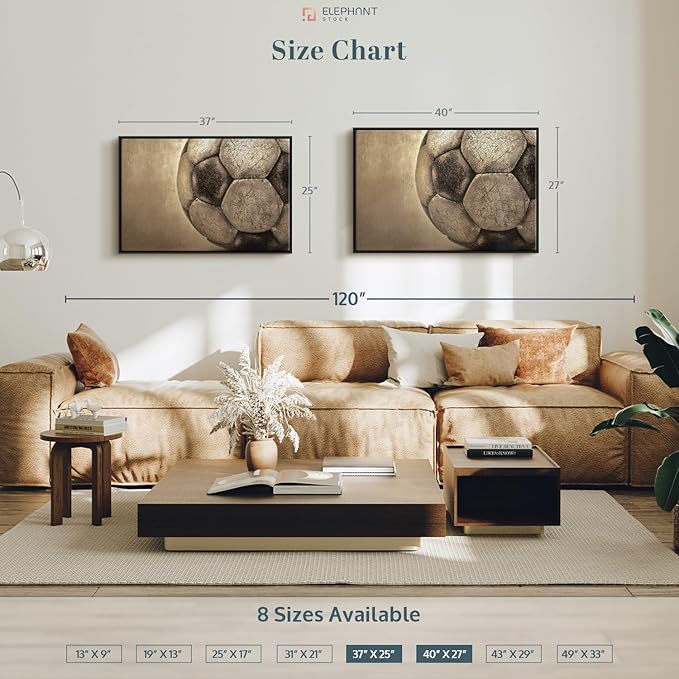 Elephant Stock Worn Soccer Ball Wall Art - Horizontal Framed Canvas - 1-Piece Living Room Wall Decor - Photography sports Canvas Print - Brown and Gray Decor for Wall - 37" X 25"