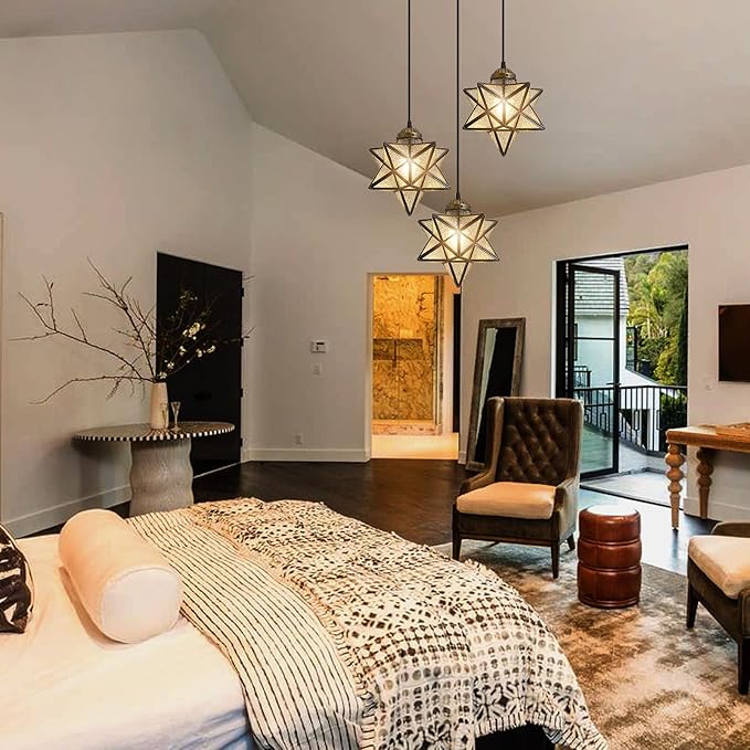 Glass Glam Chandelier Star Pendants Light Fixture Modern Elegant Ceiling Hanging Lights Included LED Warm Light Bulbs Oiled Bronze