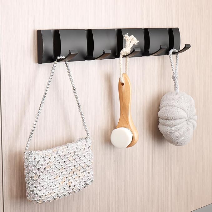 Folding Coat Hooks, Wall Mounted Coat Rack with 5 Retractable Hooks, Heavy Duty Towel Rack for Bathroom Wall Hook for Hanging Clothes Bathrobe, Stainless Steel Coat Hanger for Entryway(Black)