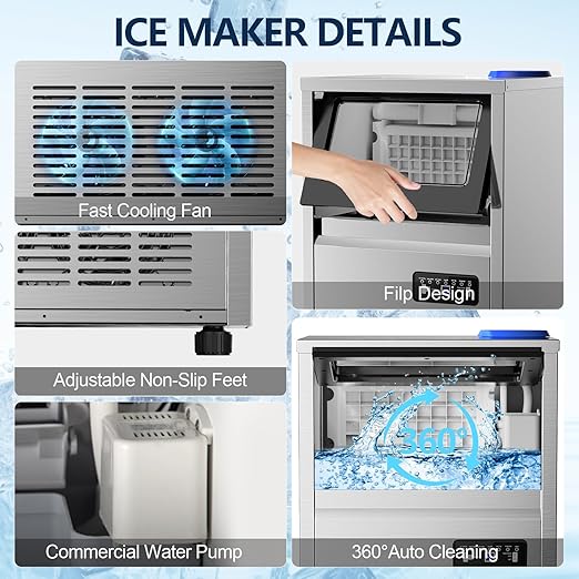 Commercial Ice Maker Machine, 150Lbs/24H with 45Lbs Storage, Fast Ice Making in 8-15Mins, Stainless Steel Under Counter or Freestanding Ice Machine for Home, Party, Office - 2 Water Inlet Modes