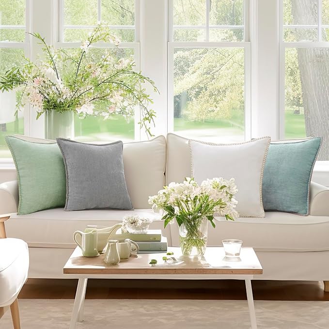 decorUhome Chenille Soft Throw Pillow Covers 26x26 Set of 2, Farmhouse Velvet Neutral Decorative Euro Pillow Covers with Stitched Edge for Couch Sofa Bed Home Decor, Aqua Haze