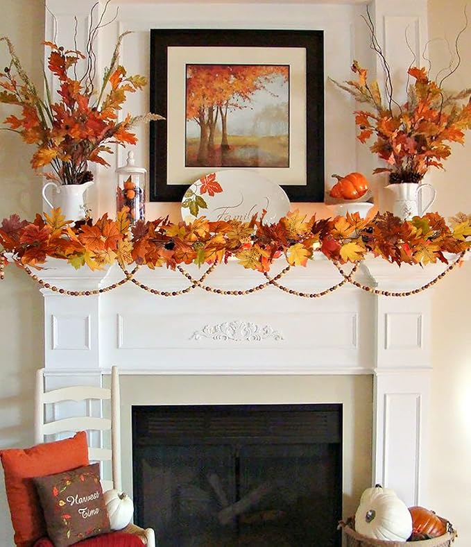 DearHouse 2 Pack Fall Maple Leaf Hanging Vine Garland Artificial Autumn Foliage Thanksgiving Decor for Home Wedding Fireplace Party Christmas (Light Yellow)