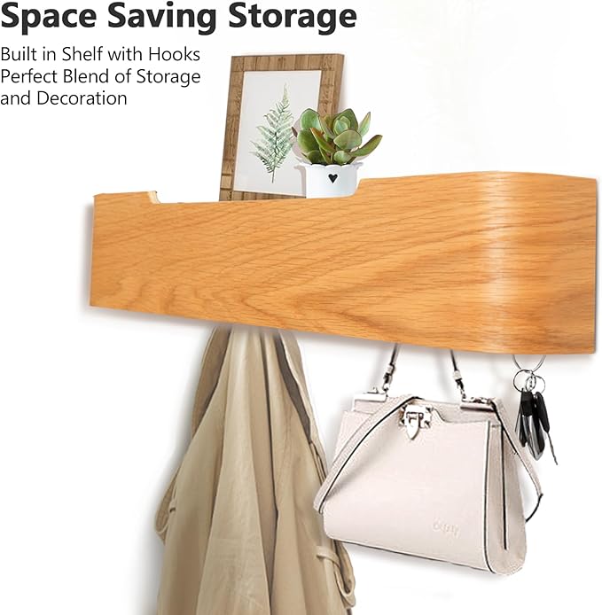 Coat Rack Wall Mount with Hidden Hooks Entryway Hanging Shelf Modern Wood Coat Hanger for Bedroom Kitchen Hallway Bathroom (Oak, 20.9 Inch Long)