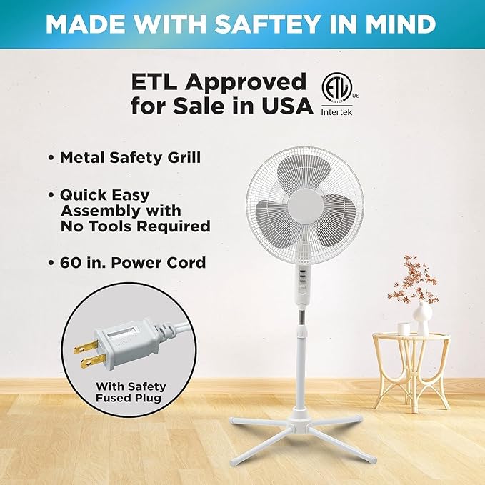 EZ-CHILL 16” Oscillating Pedestal Fan, 3-speed Options, 90-Degree Oscillating Head, Adjustable Height and Tilt, Powerful Air Flow, Black, MTFS-16B-BLK