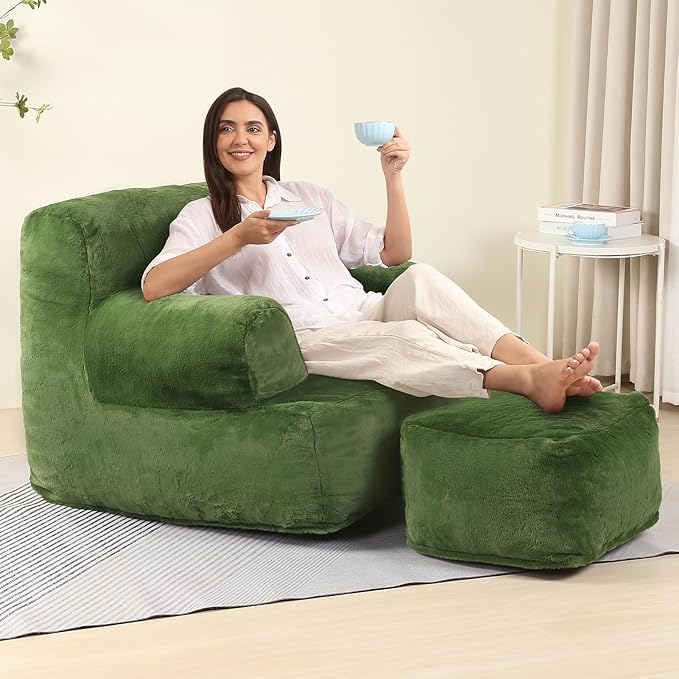 Comfy Gaint Bean Bag Chair with Ottoman, Huge Bean Bag Armchair for Adults and Teens, Green