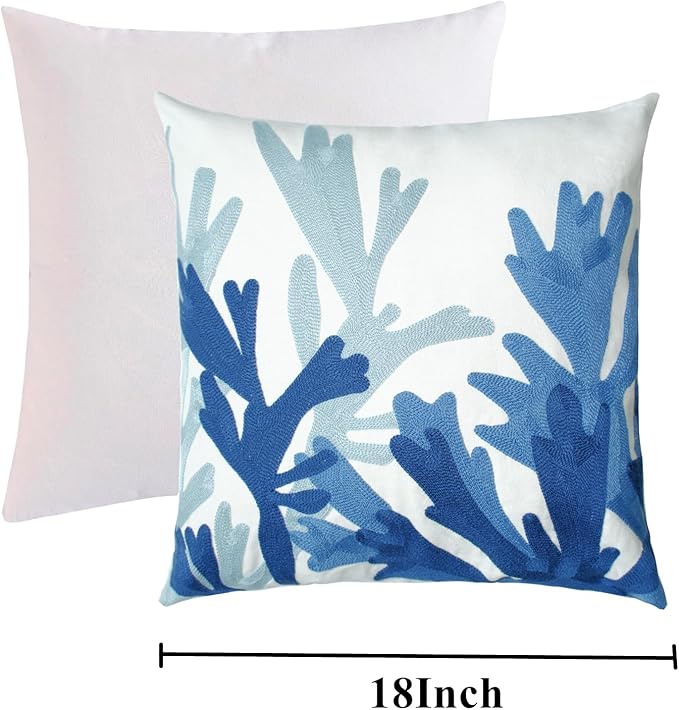 Embroidered Decorative Throw Pillow Cover, 18"x18" Set of 2, Farmhouse Pillowcase Blue Corals Knit Pattern Cotton Canvas Cushion Case Square Floral Pillow Case for Sofa Couch Bed Living Room