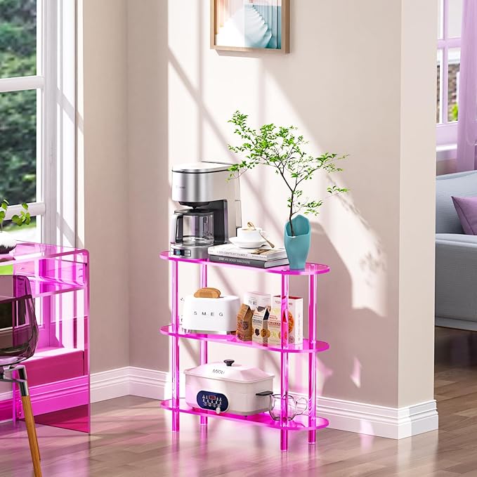 Clear Bookshelf, Acrylic Bookcase with Open Book Shelf Console Table for Entryway Office (3 Tier Pink)