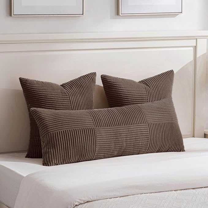 Fancy Homi 2 Packs Dark Brown Big Decorative Throw Pillow Covers 24x24 Inch for Living Room Couch Bed, Farmhouse Boho Home Decor, Soft Corss Corduroy Patchwork Accent Square Cushion Case 60x60 cm