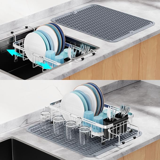 GSlife Expandable in Sink Dish Drying Rack Small with Silicone Mat - Stainless Steel Capacity Adjustable Over The Sink Dish Rack with Utensil Holder for Counter or Inside Sink (12.4" -16.8"), Silver