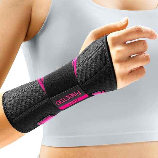 FREETOO Carpal Tunnel Wrist Brace Night Support Fit Right Hand for Work, Pain Relief Wrist Splint for Tendonitis, Arthritis, Fit Women and Men, Wrist Stabilizer Brace for Sleeping (L/XL, Black/Pink)