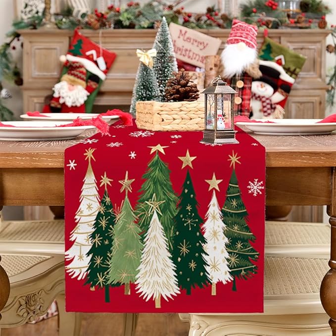 GEEORY Christmas Table Runner 13x120 Inch, Xmas Trees Snowflakes Holiday Decorative Farmhouse Table Decoration for Kitchen Dinning, Indoor Outdoor Dinner Party Decor (Red) GT150-120