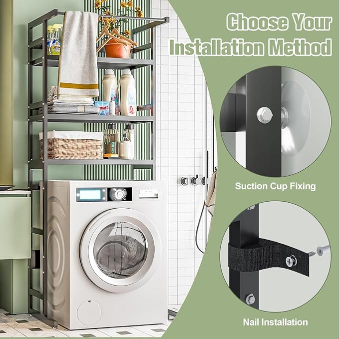 Dryer Storage Shel andf Over The Washer - Adjustable 4-Tier Heavy Duty Laundry Room Organizer, All Carbon Steel Standing Shelf with Hanging Rod, Anti-Tip Design, Super Stable 29.93" L x 11" D x 73" H