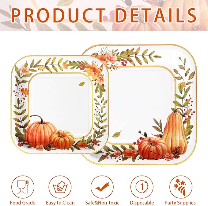 Grencian 200Pcs Fall Plates and Napkins Thanksgiving Plates Pumpkin Flower Wreath Plate Disposable Pumpkin Tableware Fall Party Supplies for Autumn Harvest Thanksgiving Party Decorations, Serves 50