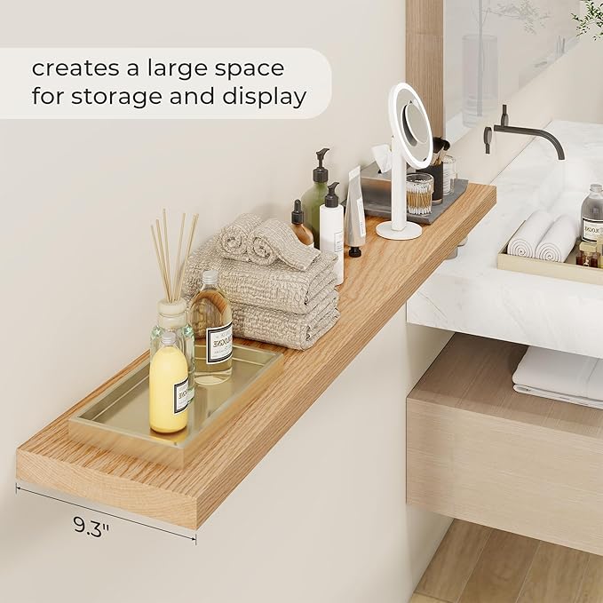 Fun Memories Solid Oak Wood Floating Shelves, 9.3 Inch Deep Natural Wood Shelf with Invisible Heavy Duty Bracket for Bathroom Bedroom Kitchen - 48inch Set of 1, Natural