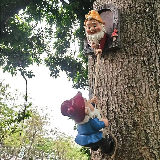 Climbing Gnomes Tree Faces Decor Outdoor for Yard, Adorable Gnome Elf Out Hugger Fairy Door Statue for Tree, Funny Garden Gnome Peeker Sculpture Yard Patio Art