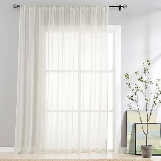 FMFUNCTEX Linen Sheer Sliding Door Curtains for Bedroom, Beige Curtains 108 Inches Long Window Curtain Drapes for Living Room, Natural Patio Glass Door Extra 100 Wide Curtain, Rod Pocket 1 Panel