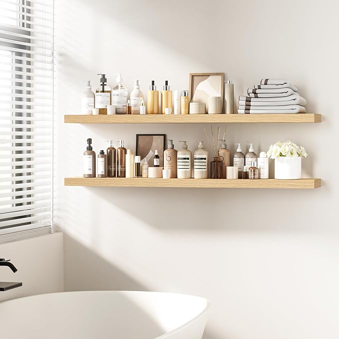 Fun Memories 55 Inch Floating Shelves - 9 Inch Deep Rustic Wooden Wall Shelves - Extra Deeper & Thicker Wall Mounted Storage Shelf for Living Room, Kitchen, Farmhouse - 55" W x 9" D x 1.8" H - Oak