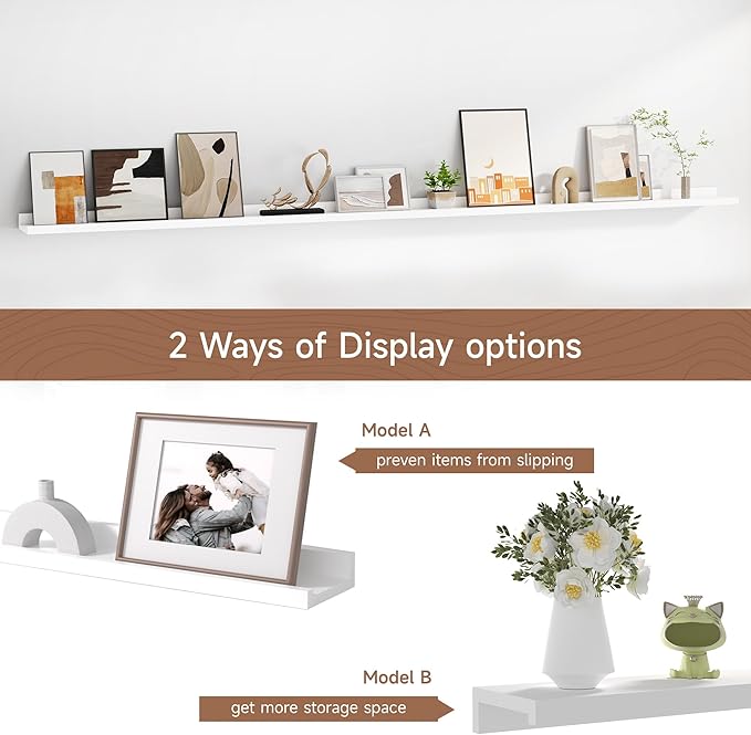 Floating Picture Ledge Shelves for Wall Set of 2, 84 Inches Picture Ledge Shelf with Long Large Nursery Book Shelf for Toys Storage Kids Bookshelf Wall Mounted Living Room Bedroom Decor Frames, White