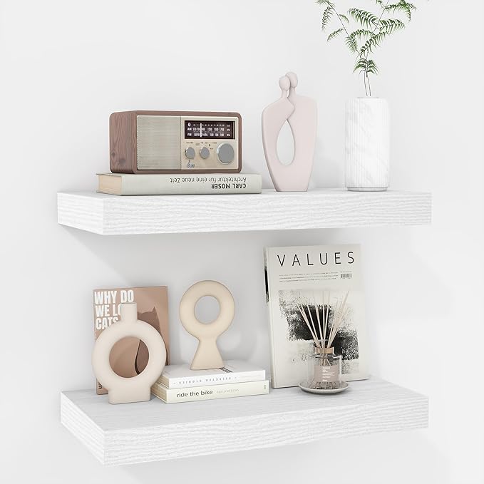 Fun Memories 16 Inch Floating Shelves - Deep Rustic White Wooden Wall Shelves - Extra Deeper & Thicker Wall Mounted Storage Shelf for Bedroom, Kitchen, Farmhouse - 2 Pack, Rustic White