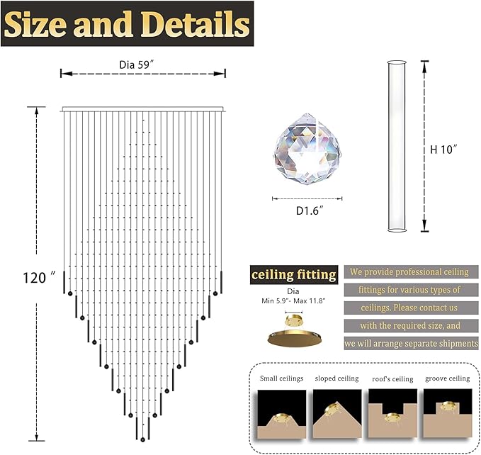Flashing God D59''X H120'' Large Chandelier for High Ceiling, Modern Crystal Chandeliers Lighting Fixture Raindrop Chandelier for Entryway Staircase Foyer Living Room