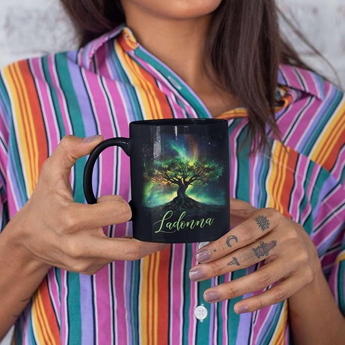 Custom Unique Name Coffee Cup, Customized Mystical Nature Inspired Mug 11oz 15oz, Personalized Enchanted Tree With Northern Lights Ceramic Cup, Nature Black Mug, Gift For Women Men