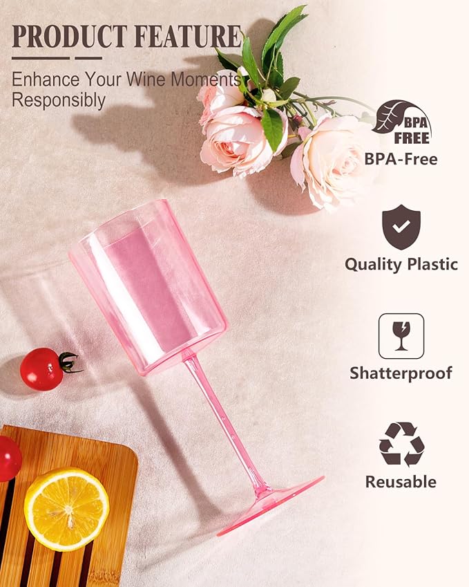 Ciaell 12 Pack Pink Plastic Wine Glasses - 14Oz Plastic Wine Glasses with Stem - Disposable Stemmed Wine Glass for Parties & Weddings & Outdoor