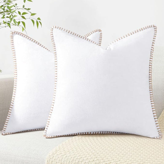 decorUhome Chenille Soft Throw Pillow Covers 22x22 Set of 2, Farmhouse Velvet Neutral Decorative Euro Pillow Covers with Stitched Edge for Couch Sofa Bed Home Decor, White