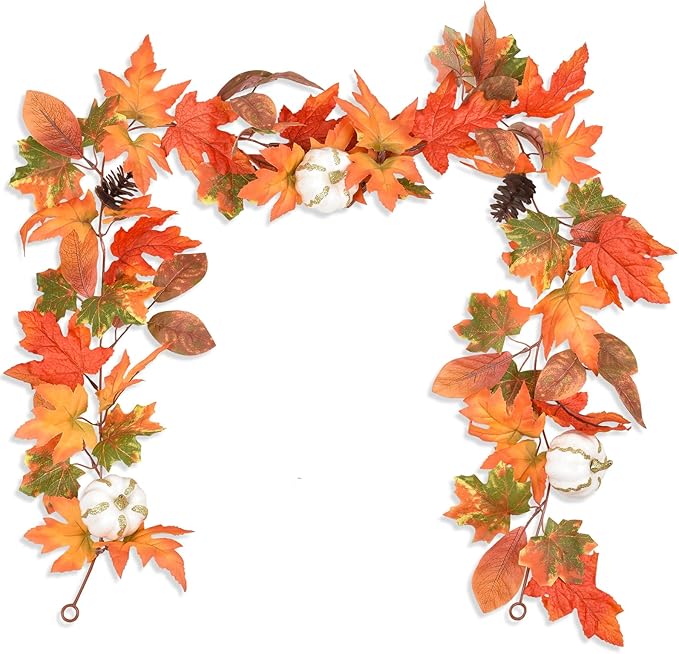 DearHouse 6ft Pumpkin Fall Maple Leaves Garland - Artificial Autumn Foliage Hanging Vine for Thanksgiving, Home, Wedding, Fireplace, Party, Christmas Decor (Orange & Brown)