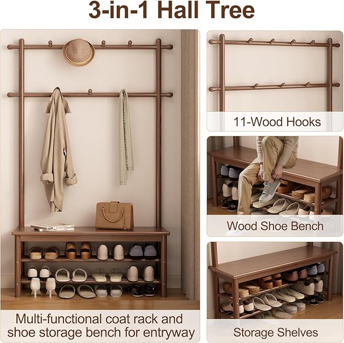 Coat Rack with Shoe Storage, Wooden Hall Tree with Bench, 11 Hooks and 2-Tier Storage Shelves, 3-in-1, Entryway Bench with Coat Rack (39.3"-Walnut)