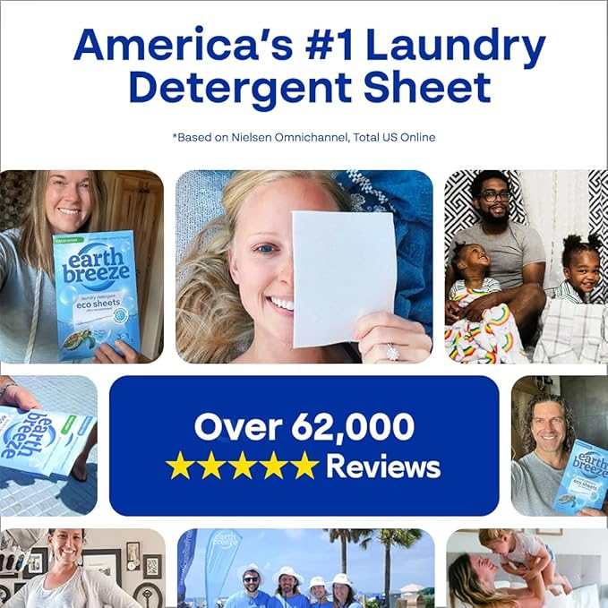 Earth Breeze Laundry Detergent Sheets Fragrance-Free - 180 Loads Eco Liquidless Soap - Travel-Friendly for Hot & Cold Cycles, Tackles Tough Stains & Odors - Gentle on Sensitive Skin, 90 Ct (3 Pack)