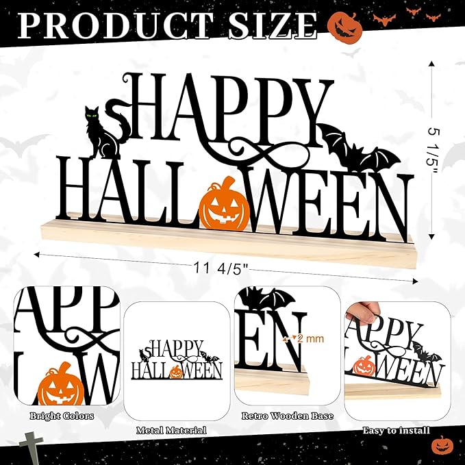 COCHIE Metal Happy Halloween Sign, Black Halloween Decorations for Home, Office, Shelf, Mantel, Indoor, Jack-o-lantern Decoration, Spooky Cat Bat Decor (Halloween)