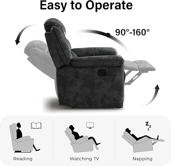 EBELLO Manual Recliner Chair, Soft Fabric Recliner Sofa with Overstuffed Armrest and Backrest for Living Room, Bedroom, Grey