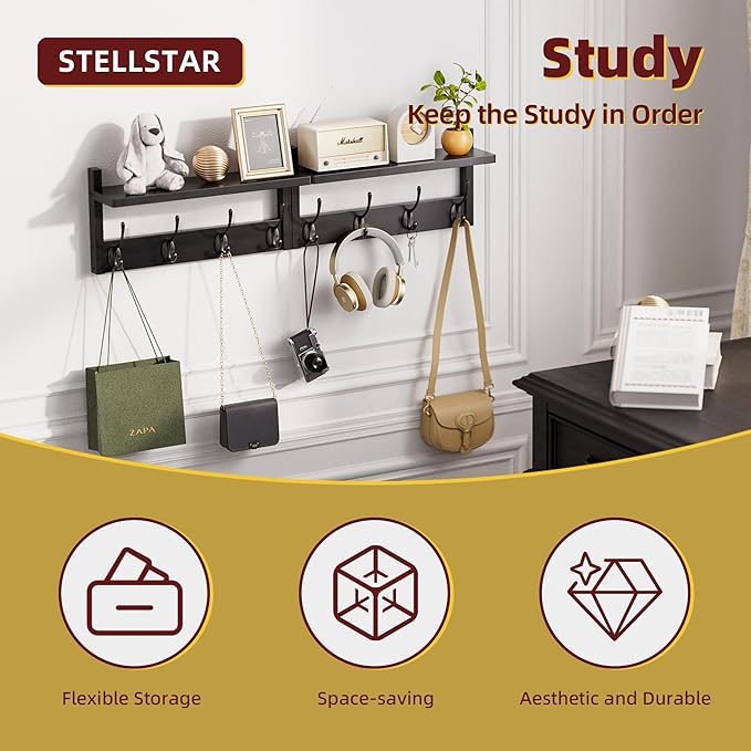 Coat Rack with Shelf, 2 Pack Bamboo Wall-Mounted Coat Hanger with 8 Hooks for Entryway, Hallway, Kitchen, Bathroom, Living Room, Utility Room (Black)