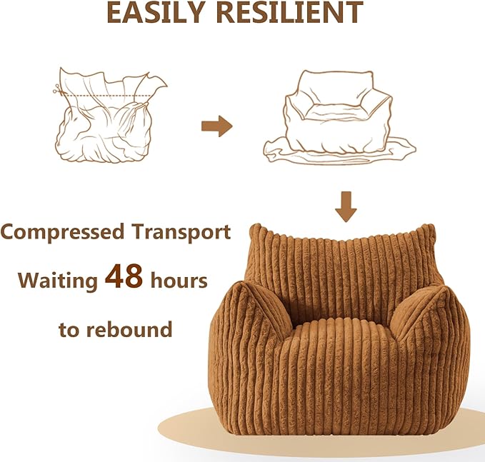 Giant Bean Bag Chairs for Adults Teens, Large Bean Bag Sofa Chairs with Filling Comfy Fuzzy BeanBag Chair with Armrests for Bedroom Living Room Reading (Brown, Medium)
