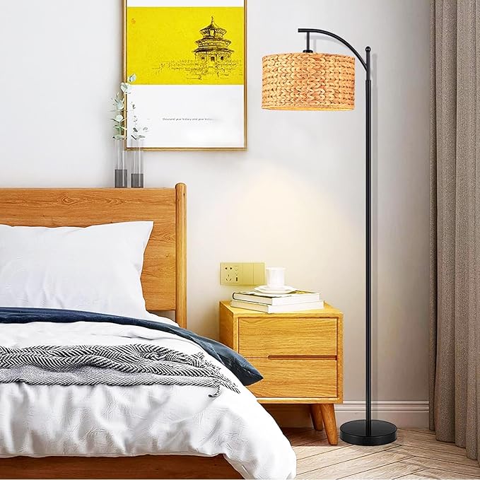 Floor Lamp for Living Room Bedroom Farmhouse Arc Rattan Boho Standing Lamp with Remote Dimmable Black Wicker Bamboo Lamp Shade Floor Light Adjustable Tall Lamp Industrial Floor Lamps Bohemian