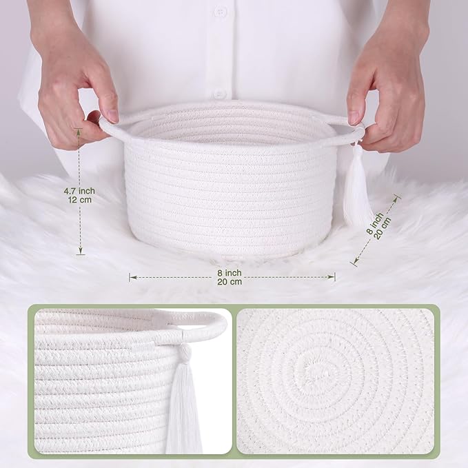 Empty Gift Basket Mini Woven Rope Organizer Baskets for Baby Shower, Vanity, Makeup, Bathroom, Tiny Toys, Desk - Small Decorative Storage Bins - Set of 2, Pre-Shaped, White