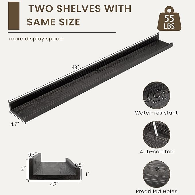 Floating Shelves for Wall, Picture Ledge Shelf 48 Inch Solid Wood Set of 2, Rustic Wall Shelves with Lip, Kids Bookshelf, Photo & Picture Live Edge Floating Shelves for Bedroom, Living Room, Kitchen