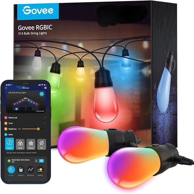 Govee Smart Outdoor String Lights H7015, 48ft RGBIC Outdoor Lights with 15 Dimmable LED Bulbs, IP65 Waterproof, Color Changing Warm White Lights with 47 Scene Modes for Patio, Backyard, App Control