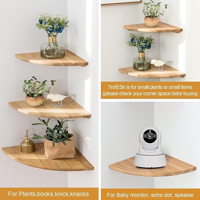 Corner Shelf, Solid Oak Wood Floating Corner Shelf Wall Mount Round End Floating Speaker Shelves with Wire Hole for Small Plant Photo for Bedroom Kitchen, Living Room