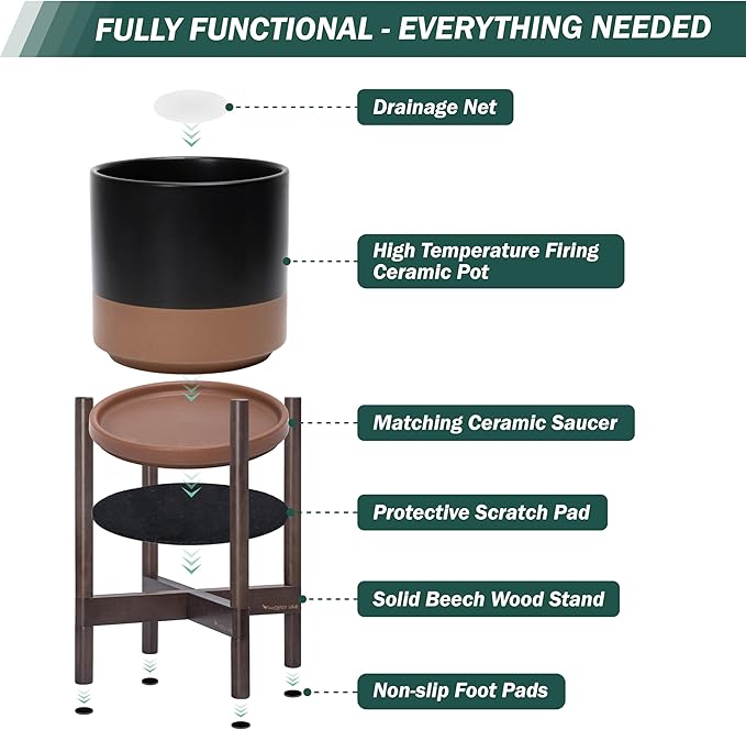 D'vine Dev Ceramic Planter with Walnut Color Stand - 12 Inch Modern Round Flower Pot with Wood Planter Holder, Black/Speckled Tan, 55-B-W-7