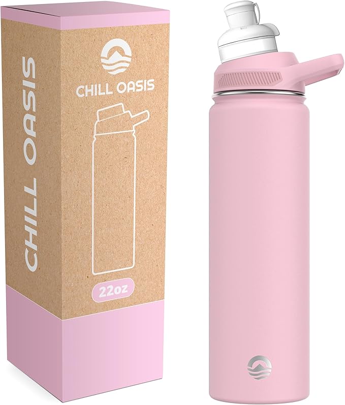Chill Oasis Water Bottle | Compatible With Popular Flavor Cartridges | BPA Free, Leak Proof, Double-Walled Vacuum Insulated Stainless Steel, and Dishwasher Safe | Cold for 24 Hours (Pink, 22oz)