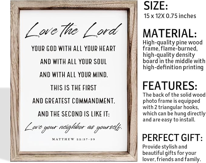 Christian Wall Plaque, Master Bedroom Decor Above Bed, Rustic Farmhouse Christian Decor, Matthew 22:37-39 Signs, Framed Wall Plaque Sign 15 * 11.5 inches, Love the Lord Sign
