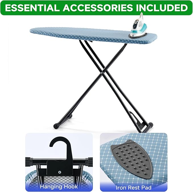 Compact Ironing Board 13 x 43, Iron Board with Heat Resistant Surface, Adjustable Height, Space Saving Table with Hook & Iron Rest for Home & Laundry Room, Diagonal Checkered Blue